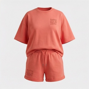 Women's 2 Piece <b>Coral</b> Shorts Set Crew Neck Short Sleeve T Shirt and Above Knee Shorts Embroidered Letter Print Casual Wear - Product Image 1