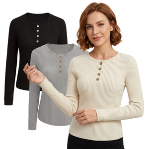 Camiseta de Manga Larga Acanalada de Color Liso para Mujer, con Botones Delanteros, Ajuste Delgado, Cuello Redondo, 100% Algodón Ecológico - Product Image 3