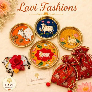 Lavi Fashions Pichwai Cow Brass Plate Potli Bag MDF Haldi Kumkum Return Gift Combo Indian Pichwai Cow Print Decorative Plate Cow - Product Image 1