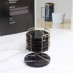Sous-verres ronds modernes en marbre noir avec support en métal doré, tapis antidérapants en pierre, épaisseur 6 mm - Product Image 2