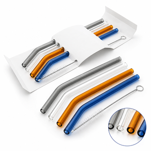 P012-00-00-A Borosilicate Glass Drinking <b>Straws</b> Set with Cleaning Brush <b>Reusable</b> Bent Glass <b>Straws</b> Colored & Clear - Product Image 2