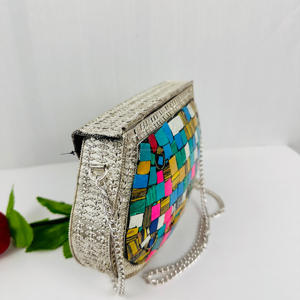 Venta caliente moderno pulido plata Multicolor mosaico étnico Metal bolso de mano hecho a mano antiguo boda Sling Crossbody chapado en oro - Product Image 4