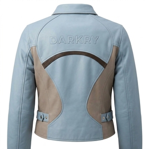 Blouson Trucker en Cuir Véritable Bleu Clair pour Femme, Manteau Biker Beige à Blocs de Couleurs, Col Rabattu à Boutons Pression, Vêtement d'Extérieur Décontracté - Product Image 2