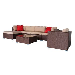 Set Divano Angolare da Esterno in Rattan PE Effetto Legno a 7 Pezzi per Giardini - Product Image 2