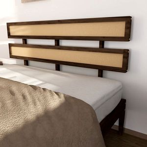 Double Rattan Queen Size Wooden <b>Bed</b> with Bohemian Style Headboard <b>Pine</b> Wood Dark Walnut Finish Painted Touch - Product Image 5