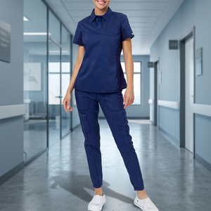 <b>Women</b> <b>Navy</b> Blue Scrub Set Hospital Uniform <b>Top</b> and Pants Cotton Polyester Woven Fit - Product Image 4
