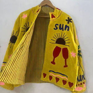 Yellow Handcrafted Suzani Velvet <b>Jacket</b> Floral Fancy Embroidery Style For Unisex Boho <b>Hippie</b> coat Indian Wholesaler Of <b>Jacket</b> - Product Image 1