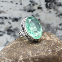 Bague en laiton plaqué argent avec péridot, grande pierre verte ovale, style vintage, bijou de déclaration