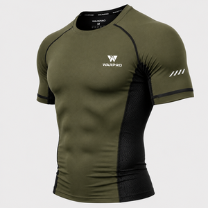 Warpro Men's Olive Green <b>Compression</b> Rash Guard Short Sleeve Quick Dry Workout <b>Shirt</b> with Mesh Panels and Logo Front - Product Image 3