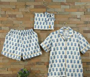 Luxurious <b>Thermal</b> Cotton Short Pajama Set <b>Women</b> Hand Block Printed Reversible Comfortable Summer Nightwear Woven Lounge Shirt - Product Image 1