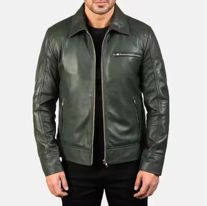 Veste moto en cuir véritable pour homme, col rabattu, fermeture éclair, couleur unie, coupe classique, pour l'automne - Product Image 1