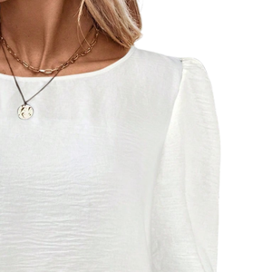 Womens White Three Quarter Sleeve Blouse Crew Neck Smocked Waist Cuffs Elegant Loose Fit Casual Office Wear Solid Polyester - Product Image 3