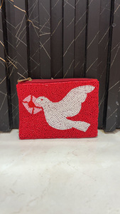 Pink <b>Beaded</b> Pearl Fabric Clutch <b>Purse</b> With Raised Applique Decoration Zipper Closure Compact Womens Daily Travel Handbag - Product Image 3