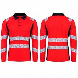 Men <b>Red</b> Long Sleeve Hi Visibility Reflective Work <b>Polo</b> <b>Shirt</b> Polyester Safety Uniform EN ISO 20471 ANSI Class 3 - Product Image 1