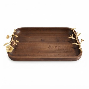 Luxury Design Wood Serving Platter With Gold Leaf Branch Handles Decorative Wooden Tray With Bird Motif For <b>Coffee</b> <b>Table</b> Home - Product Image 4