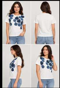 เสื้อยืดผ้าฝ้ายเจอร์ซีย์สีน้ำเงินลายดอกกุหลาบคุณภาพดีสำหรับผู้หญิง แขนสั้น สไตล์ลำลอง มีจำหน่ายแล้ว - Product Image 5