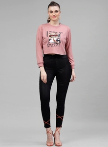 Sudadera Corta Estampada Moderna para Mujer, Cuello Redondo, Manga Larga, Informal, Color Rosa, Tejida, para Otoño - Product Image 3