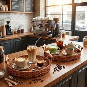 Decorative Round Rattan Tray with Handles Handmade Woven Storage <b>Basket</b> for Coffee <b>Table</b> and Home Uses - Product Image 4