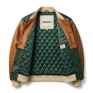Genuine Cowhide <b>Leather</b> Varsity <b>Jacket</b> Green <b>Brown</b> Color Block College Baseball Coat For <b>Men</b> Oversized Streetwear - Product Image 5