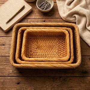 Handwoven Natural Rattan <b>Rectangular</b> Storage <b>Basket</b> Set of 3 for Home Organization and Decoration - Product Image 1