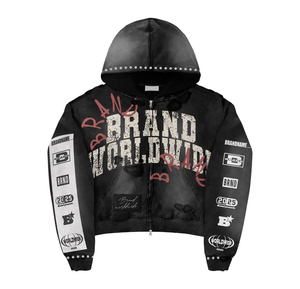 Sweat à capuche zippé imprimé Brand Worldwide pour homme, coupe oversize courte, style streetwear, noir, en polyester tricoté, style automne - Product Image 4