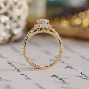 Bague de fiançailles vintage ovale avec halo de diamants : 1,5 carat au total, pavé étoilé, choix de pierre - Product Image 5