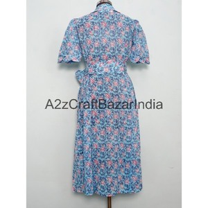 Vestido Midi de Mujer, Nuevo Diseño, 100% Algodón, Estampado Floral Hecho a Mano, Cuello en V, Mangas Cortas, Bolsillos, Decoración con Botones - Product Image 6