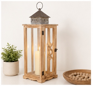 Handcrafted <b>Large</b> Farmhouse Wooden Lantern Rustic Vintage Decorative Floor <b>Candle</b> Holder with Metal Top for Home Decoration - Product Image 5