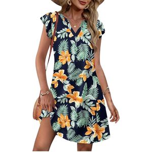 Vestidos de Primavera Verano para Mujer 2026, Casuales, con Volantes en las Mangas, Cuello en V, Holgados, con Bolsillos, Estampado Liso - Product Image 1