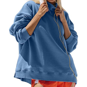 Sweat-shirt pull-over décontracté pour femme en polaire polyester/coton, coupe oversize, écologique, séchage rapide, col montant, manches longues, hiver - Product Image 1