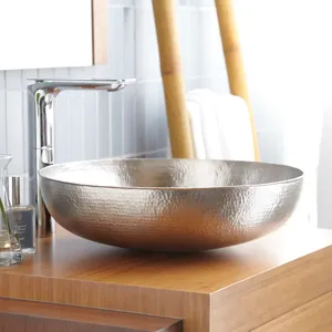 17 Inch <b>Round</b> Hand Hammered Polished Nickel <b>Bathroom</b> Vessel <b>Sink</b> Countertop Metal Wash Basin for Vanity - Product Image 1