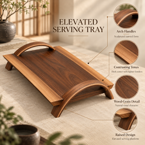 Plateau de service en bois surélevé avec poignées en forme d'arche |   Plateau de service décoratif en bois naturel pour le petit-déjeuner, la salle à manger et le café - Product Image 5