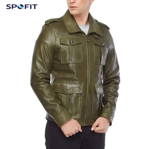 SPOFIT Men's Olive Green Leather Jacket Zipper Closure Turn-down Collar Workwear Style Regular Fit - Product Image 4