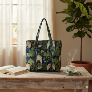 Handcrafted Jungle Themed Peacock/Cage Pattern 100% Cotton Quilted <b>Long</b> Handle Lightweight Multi-Use Tote <b>Bag</b> for Travel & Shopp - Product Image 2