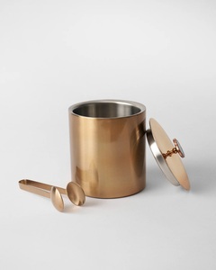 Luxury Brass Finish Metal Ice <b>Bucket</b> <b>with</b> Agate Stone <b>Lid</b> Knob Double Walled Stainless Steel Bar Canister for Hotels & Home Bar - Product Image 4