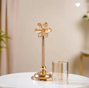 Golden Metal <b>Candlestick</b> Holder with Crystal Flower Design Cylindrical Shape Home Decoration - Product Image 2