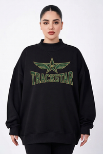 Sweat-shirt à col montant en molleton épais, imprimé graphique Green Wing TRACKSTAR, coupe oversize unisexe, style streetwear - Product Image 2