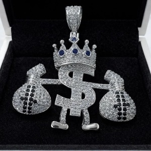 จี้รูปสัญลักษณ์ดอลลาร์ประดับเพชรแบบ Iced Out พร้อมมงกุฎและถุงเงิน โมอิสซาไนต์ เงินแท้ 925 ชุบโรเดียม สไตล์ฮิปฮอป เครื่องประดับผู้ชาย - Product Image 1