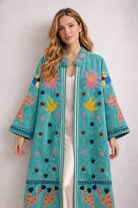 Turquoise Embroidered Velvet Long Suzani Jacket With Floral And <b>Bird</b> Pattern <b>Stand</b> Collar Full Sleeve Boho Style Winter Wear - Product Image 2