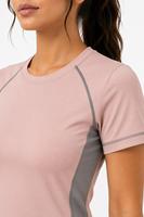 Haut de compression à manches courtes rose pour femme, séchage rapide, color block, en Spandex et Polyester, idéal pour l'entraînement