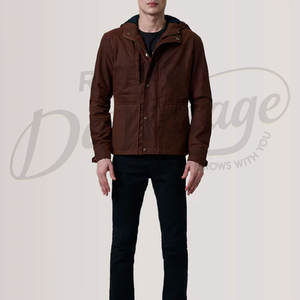 Veste en toile cirée marron pour homme, résistante à l'eau, à capuche, veste de plein air décontractée, coupe ajustée, veste de campagne en coton avec poches - Product Image 1