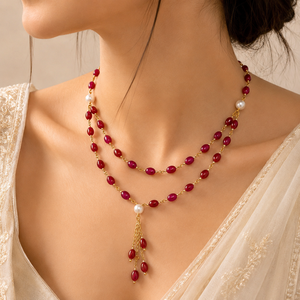 Custom Rhodium Plated <b>Necklace</b> Red <b>Ruby</b> Gemstone Beaded Dual Layer Lariat Pearl Tassel Drop Chain Fine Women Luxury Gift Jewelry - Product Image 1