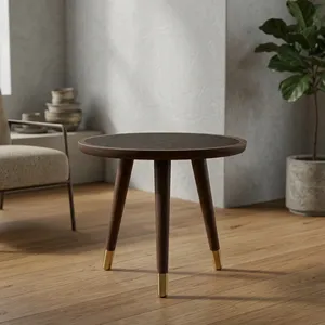 Ronde houten rieten tafel met messingpootjes, handgemaakt rustiek meubilair voor woonkamer, slaapkamer en entree. - Product Image 5