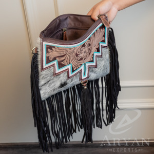 New Handmade Tooled Leather Cowhide Bag Western Fringe Crossbody Bag and Hand Tooled Leather Credit Card <b>Holder</b> Set for Women's - Product Image 5