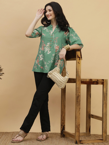 Chemise tendance pour femme, imprimé floral vert, coton, col mandarin, manches ballon trois quarts, boutonnée, décontractée et pour le bureau - Product Image 5