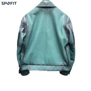 SPOFIT Veste en cuir véritable pour homme, dégradé vert menthe, fermeture éclair, col rabattable, manteau de moto décontracté - Product Image 2