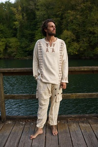 <b>Men's</b> Hand Block Printed Cotton Tunic <b>Shirt</b>, Bohemian Ethnic Long Sleeve <b>Henley</b> Top, Tribal Geometric Print Casual <b>T</b>-<b>shirt</b> - Product Image 1