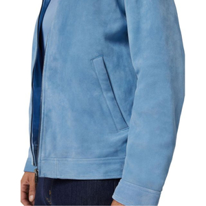 <b>Men's</b> Blue Suede Zip Up Jacket Stand Collar Casual <b>Leather</b> <b>Coat</b> - Product Image 3