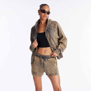Women 2 Piece Hooded Sweatshirt Shorts <b>Set</b> Fleece Casual Sportswear Garment Dyed Loose Fit Full Sleeve Above Knee Length - Product Image 5