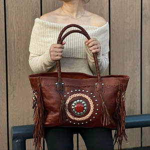 Premium Genuine Leather Fringe Handbag for Women – Vintage Boho Style Shoulder <b>Bag</b> with Tassels & <b>Studded</b> Detail - Product Image 1